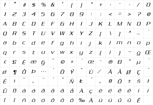 Serpentine-LightOblique Regular  glyph index