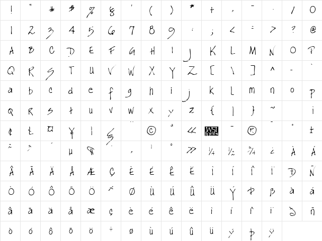 KianasHand Regular  glyph index