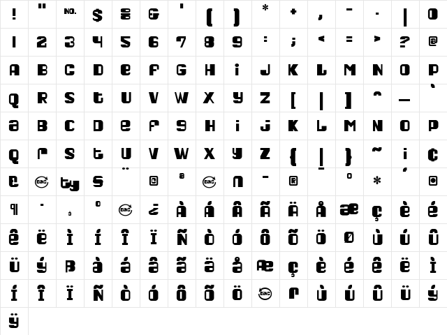 Pushpop Regular  glyph index