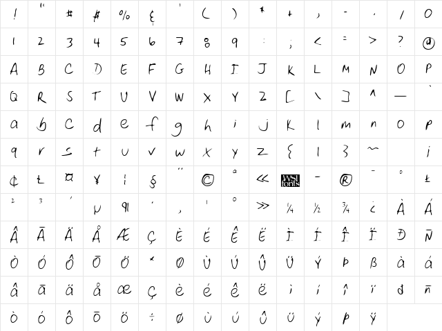 RoydensHand Regular  glyph index
