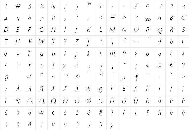 Ela Sans XLight Italic  glyph index
