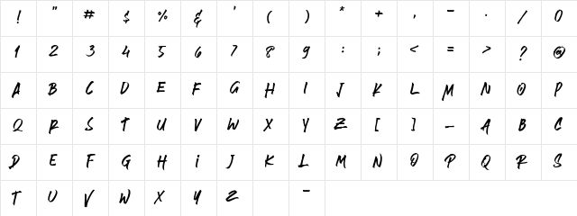 Brushlie Solid Demo Regular  glyph index