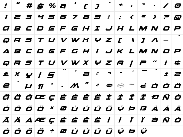 Beam Weapon Super-Italic Italic  glyph index