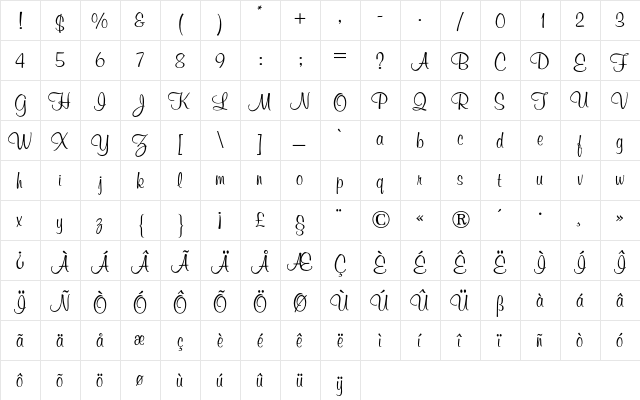 Murray Hill BQ Regular  glyph index