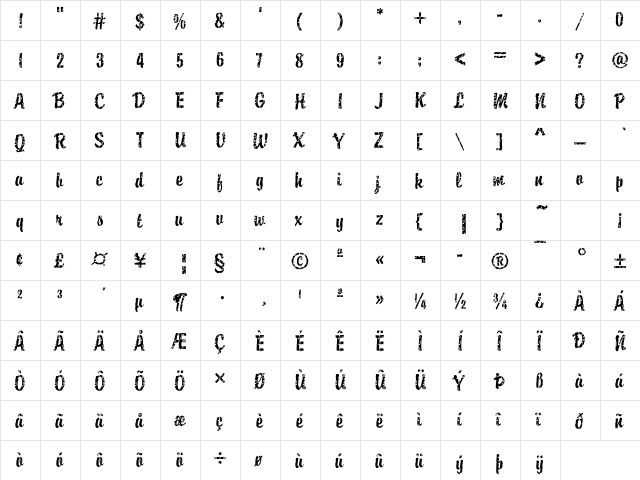 DTCBrodyM37 Regular  glyph index