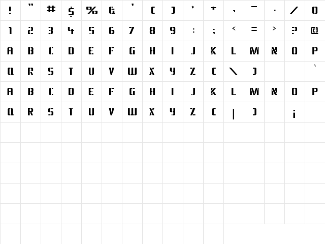 BraesideLumberboy Regular  glyph index