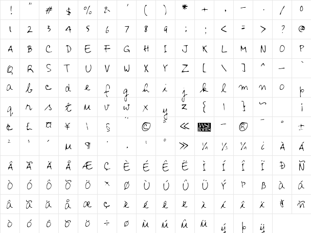 JamesHand Regular  glyph index