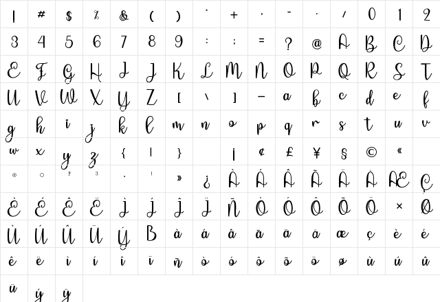 Enlova Regular  glyph index