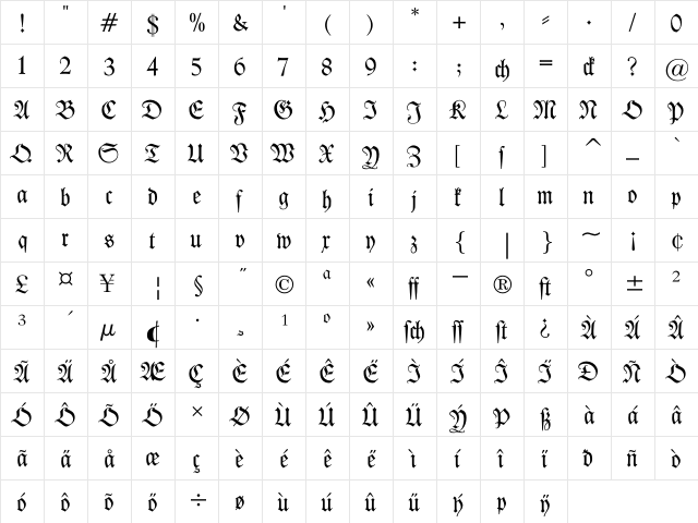 Kleist-Fraktur Regular  glyph index