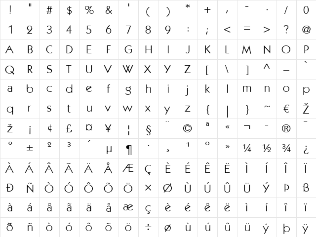 ITCKabel LT Book Regular  glyph index