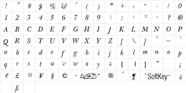 Bloodhound Lite Italic Regular  glyph index