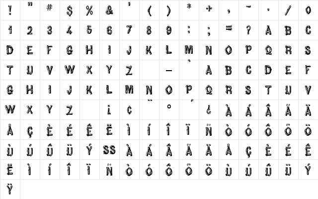 Pinewood Regular  glyph index