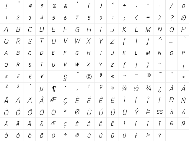 Aaux ProLight Italic SC Regular  glyph index