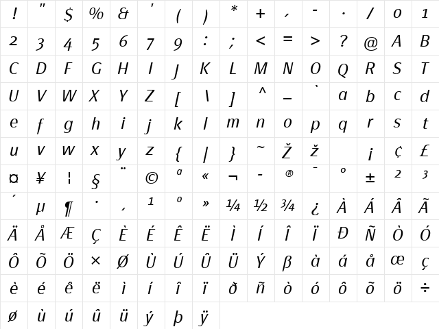 PageSans-LightItalic Regular  glyph index
