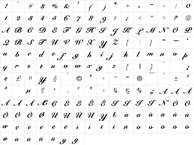 Elegant-Script Normal  glyph index
