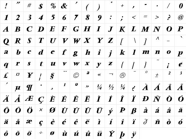 VendomeICG Bold Italic  glyph index