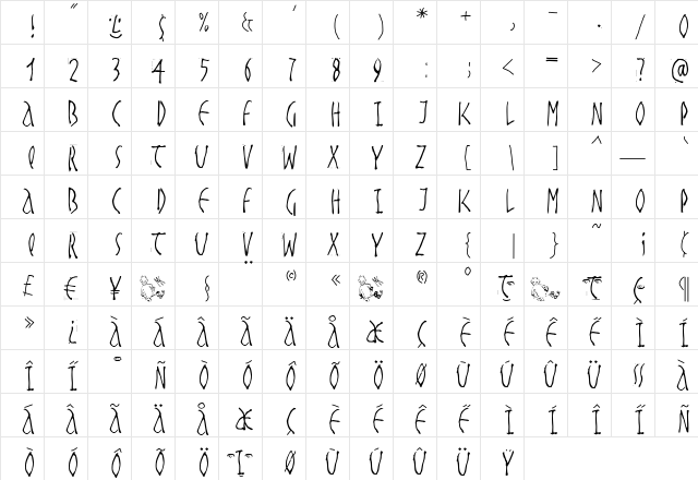 HandwrittenSlim Regular  glyph index