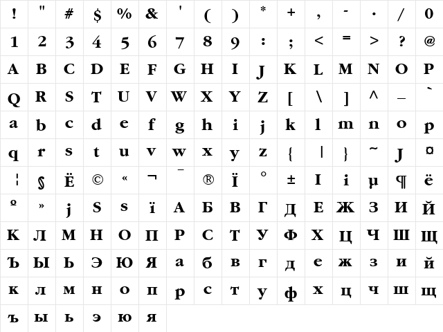 AGGaramond Cyr Bold  glyph index