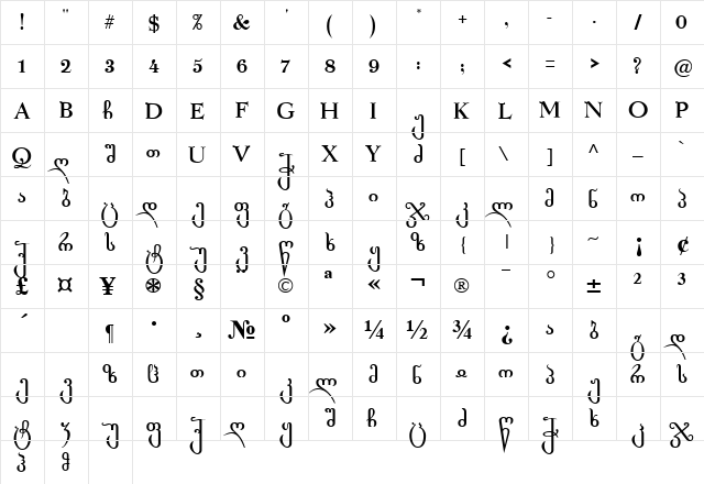 Rustaveli Regular  glyph index