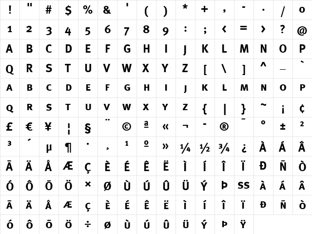 Meta Bold  glyph index