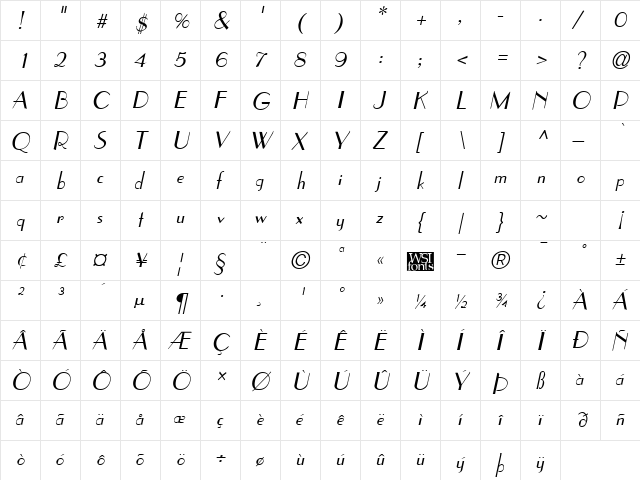 WeekendInParis Italic  glyph index