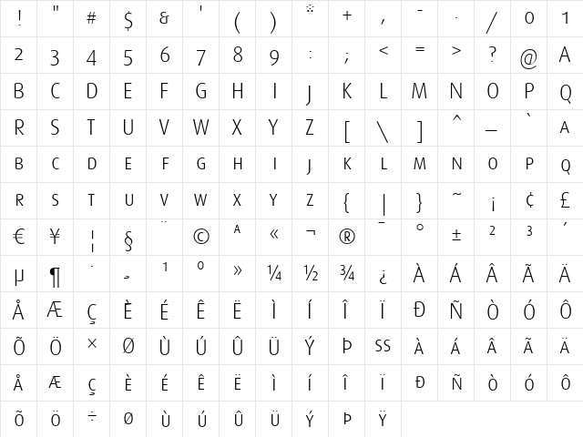 Dax-LightCaps Regular  glyph index
