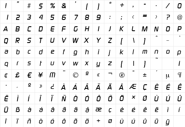 DigitalSerial BoldItalic  glyph index