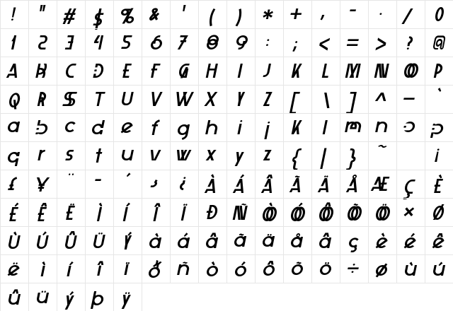 XelitaItalic Regular  glyph index