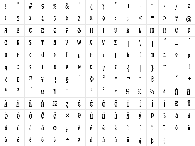 Freedom Thin Normal  glyph index