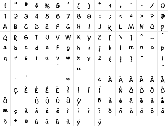 YahoschWormy Regular  glyph index