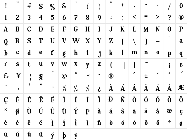 Regionaire Regular  glyph index
