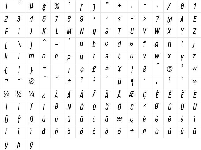 Mohave Italic  glyph index
