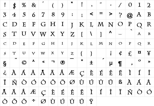 Chaz Bold  glyph index