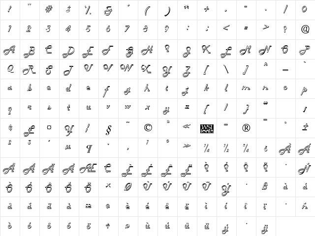 FiftiesHollow Regular  glyph index
