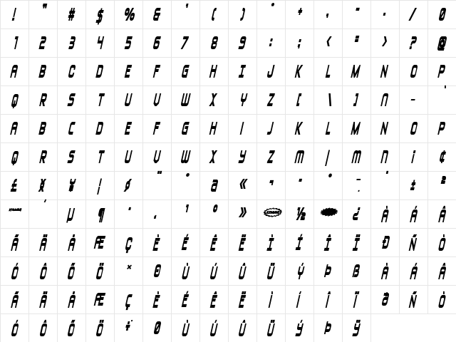 Blizzard Shaft Heavy SemItalic Regular  glyph index