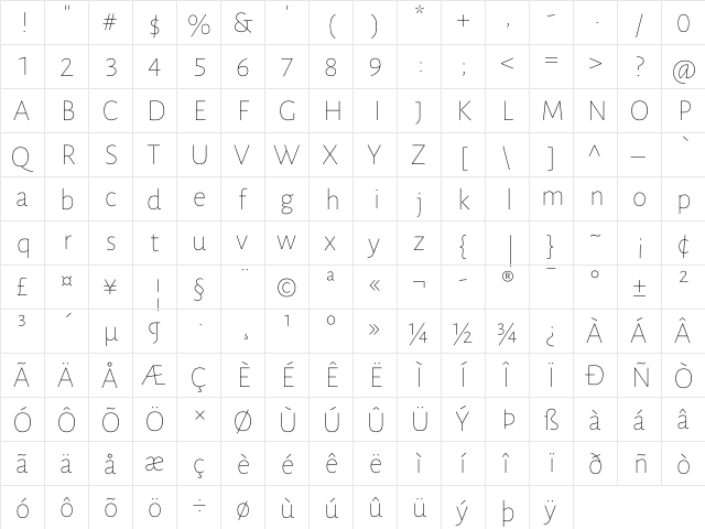 Luna Extra Light Regular  glyph index