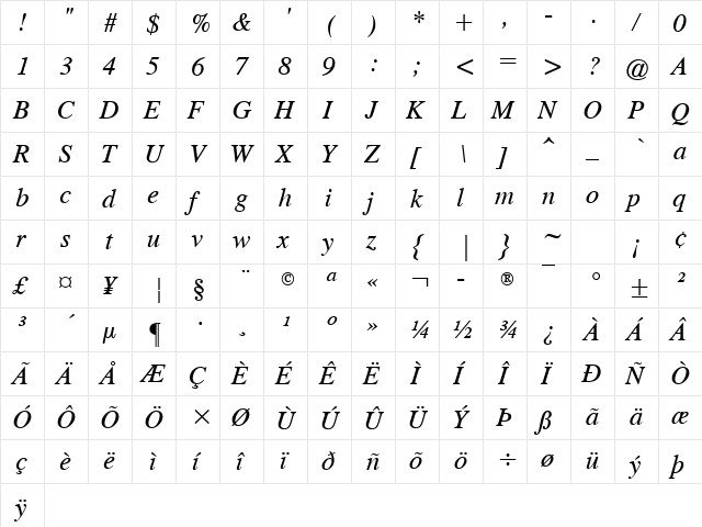 Old-Times Italic Regular  glyph index