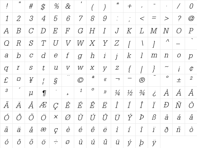 Glypha45-Light LightItalic  glyph index