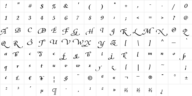 Olietta script Lyrica BoldItalic  glyph index