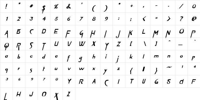 VireoFont Bold Italic Regular  glyph index