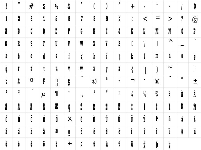 Billboard 11 Condensed Normal  glyph index