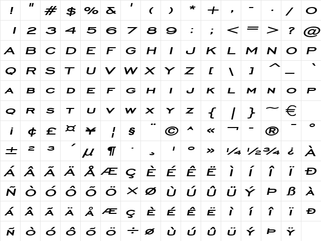 ChiselExtended BoldItalic  glyph index