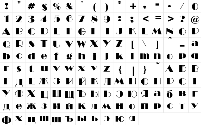 Broadway Bold  glyph index