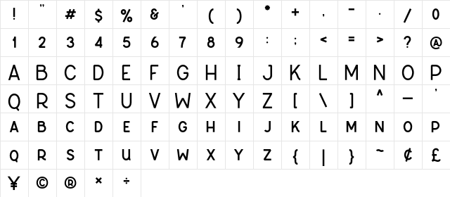 Erabura Regular  glyph index