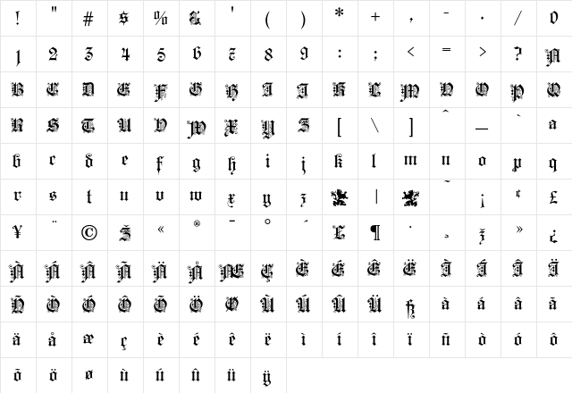 KaiserGothic Regular  glyph index