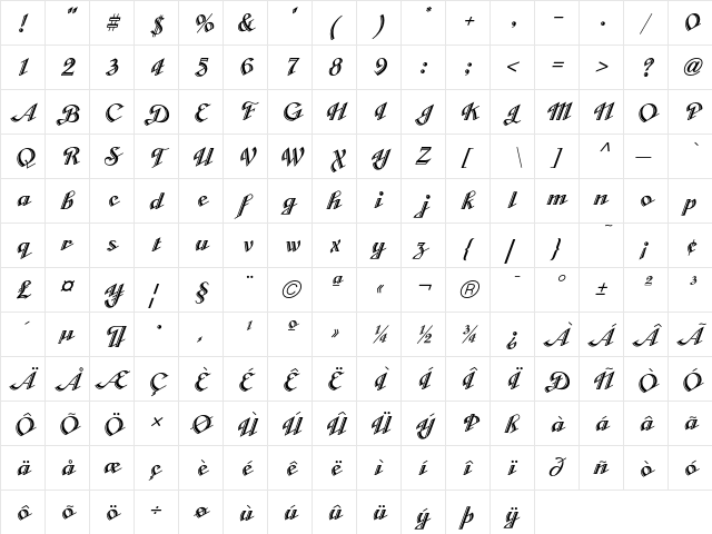 Cabarga CursivaICG  glyph index