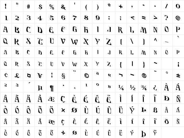 DisPlacedFont Regular  glyph index
