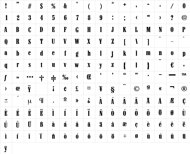 Colonel-Bold Regular  glyph index