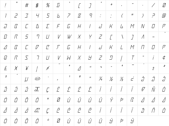 Tracer Condensed Italic Condensed Italic  glyph index