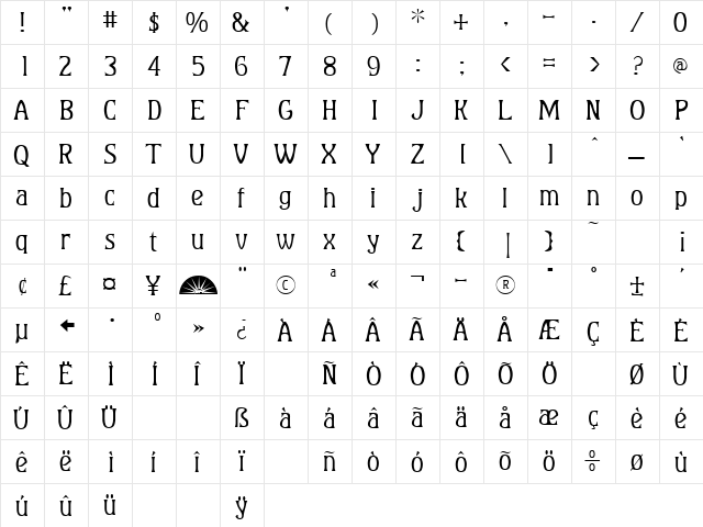 Baumfuss Regular  glyph index